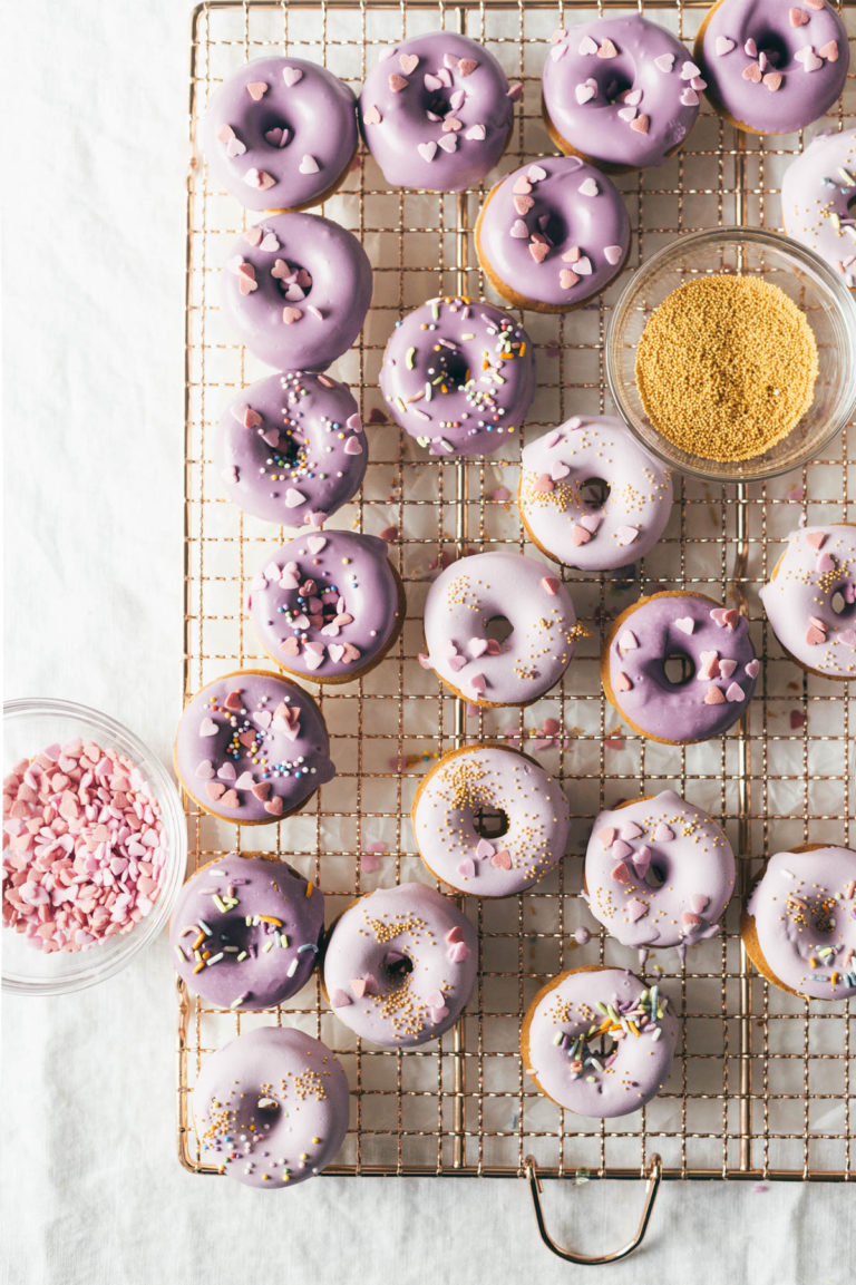 Over head shot of Baked Buttermilk Frosted Mini Donuts.