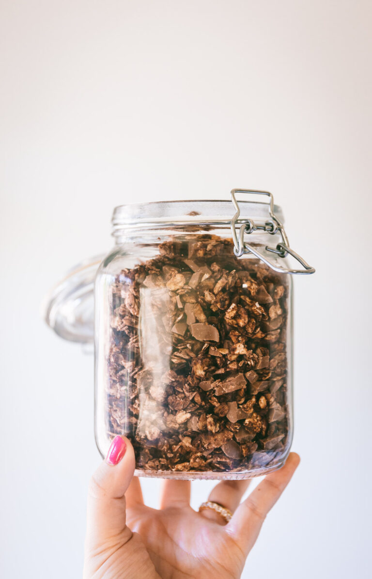 Chocolate hazelnut granola in a mason jar