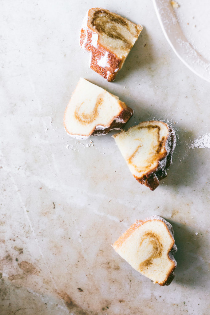 Overhead image of Salted Caramel Bundt Cake slices on a marble background